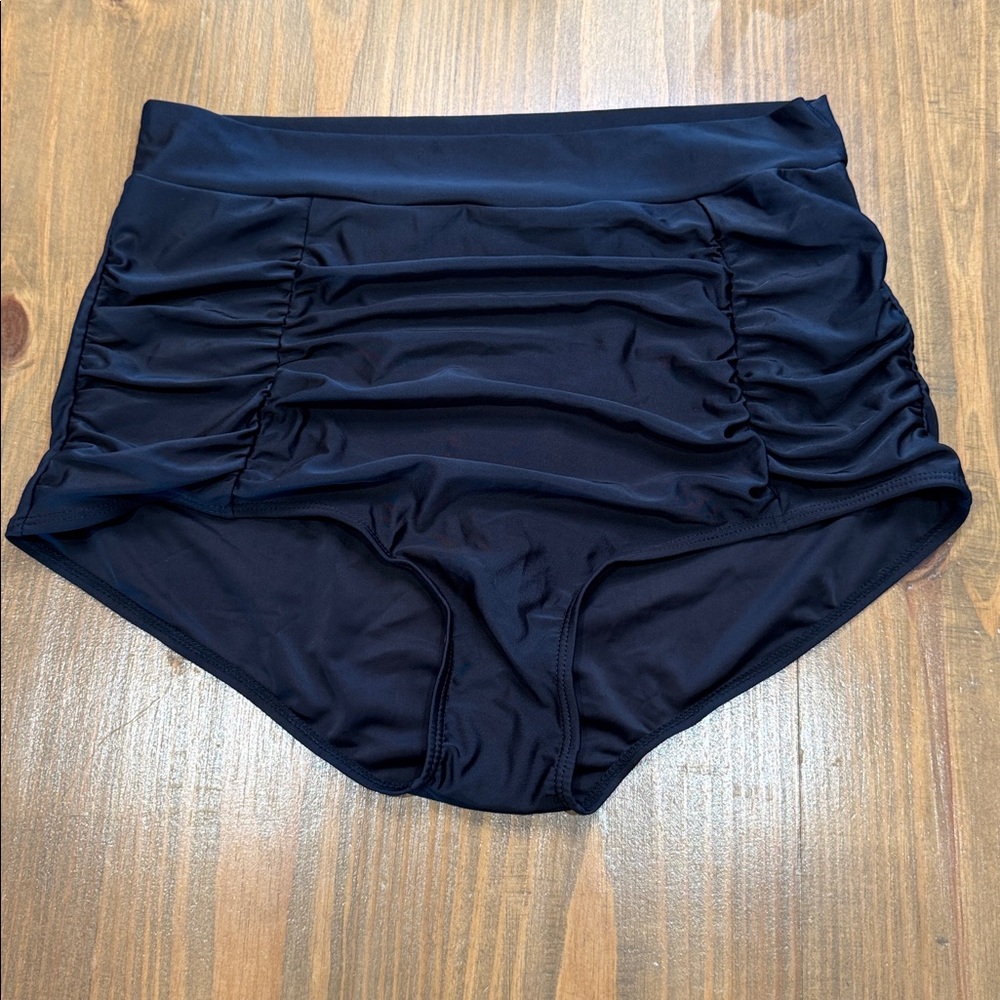 NWOT DANIFY solid black ruched swim Bathing Suit Bottoms size 14